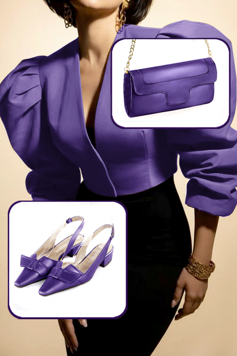 Women's amethyst purple elegant slingback heels, with a bow on the front. Tapered toe. Low block heels - Top view